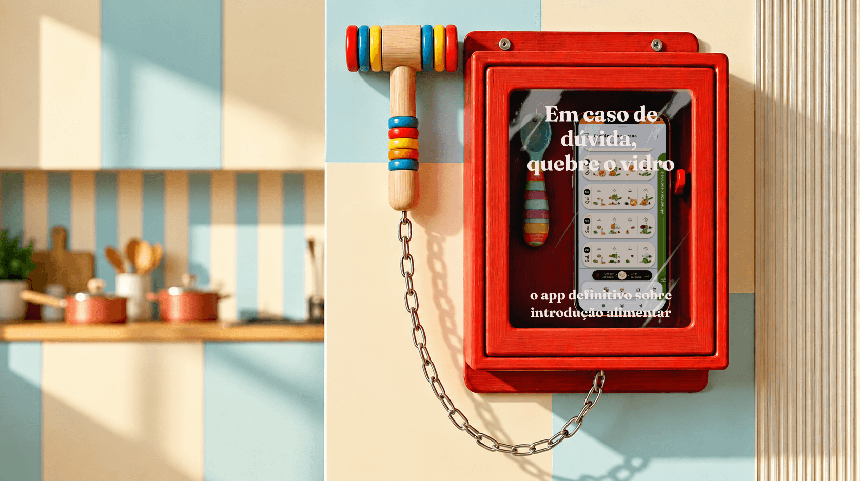 Caixa vermelha estilo alarme de incêndio com um martelinho de brinquedo ao lado, exibindo a tela do app na cozinha
