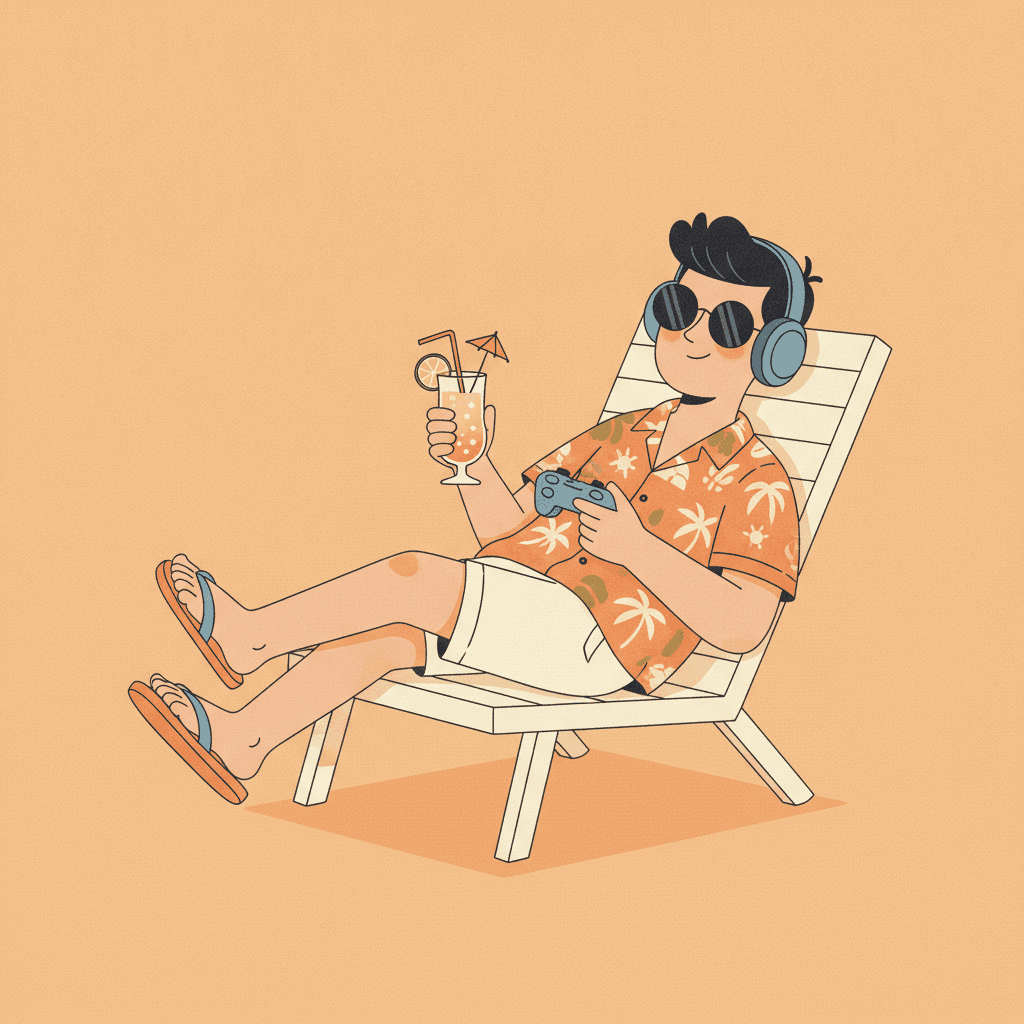 Ilustração de um pai relaxado, de óculos escuros e fones, largado numa espreguiçadeira com um drink na mão