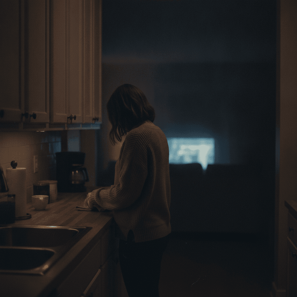 Mulher de costas numa cozinha escura, ao fundo o brilho frio de uma tela num sofá vazio