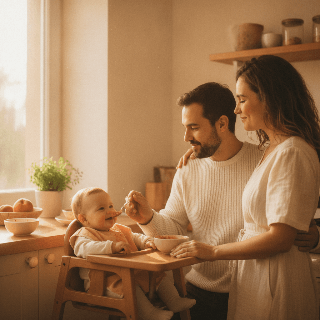 Pai ajudando a dar a papinha para o bebê na cadeirinha, com a mãe ao lado, na luz quente da manhã