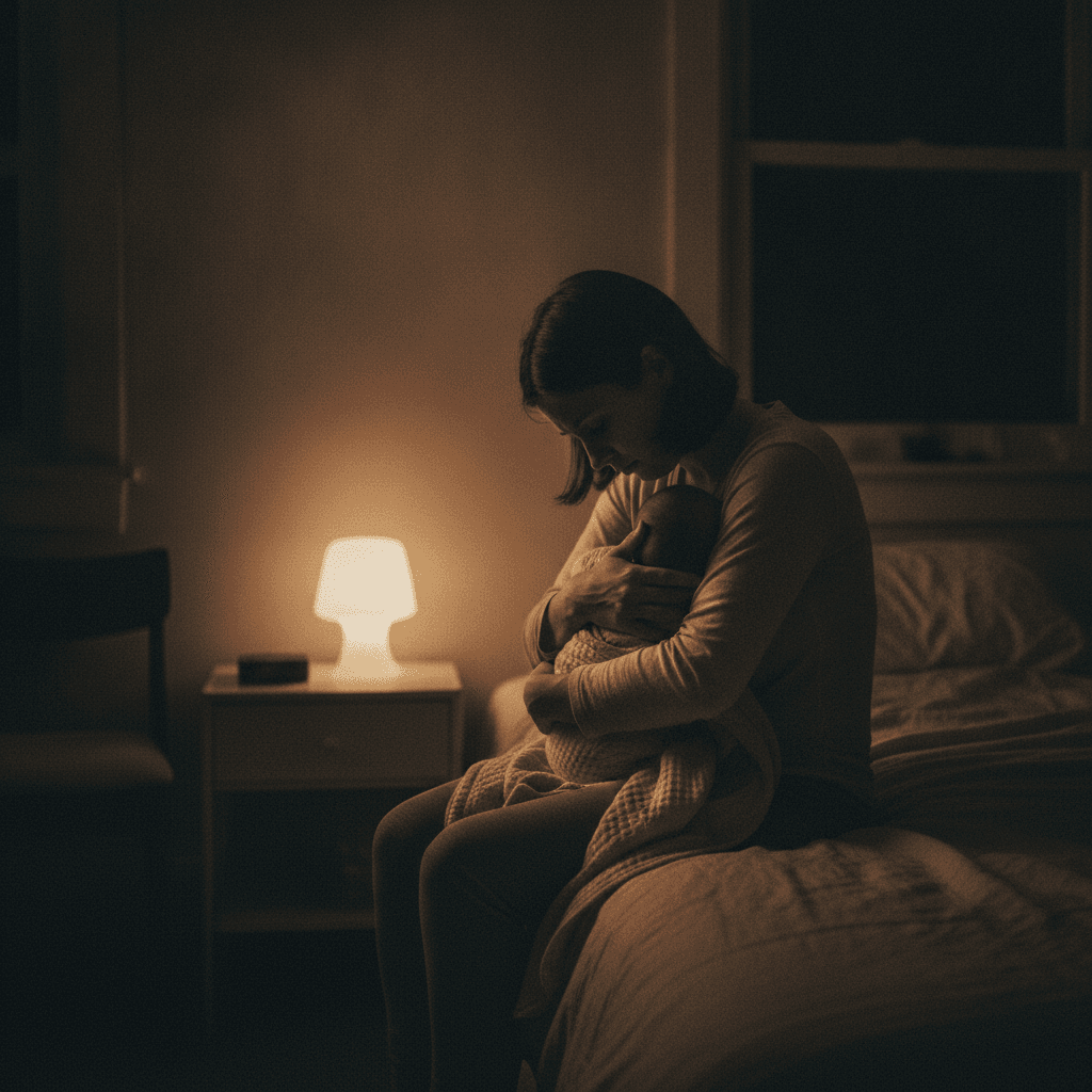 Mãe sozinha, à noite, com o bebê no colo à luz de um abajur